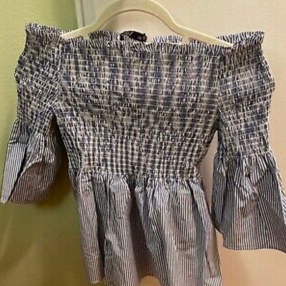 NWT Zara Blue Striped Cotto Smocked Off ShoulderXS